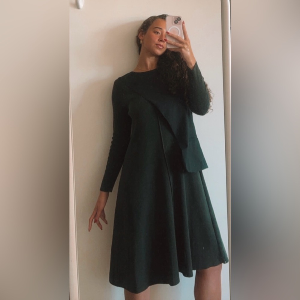 NEW Marlowe Fine Wool Blazer Layered Geometric MIDI Dress in Navy Forest